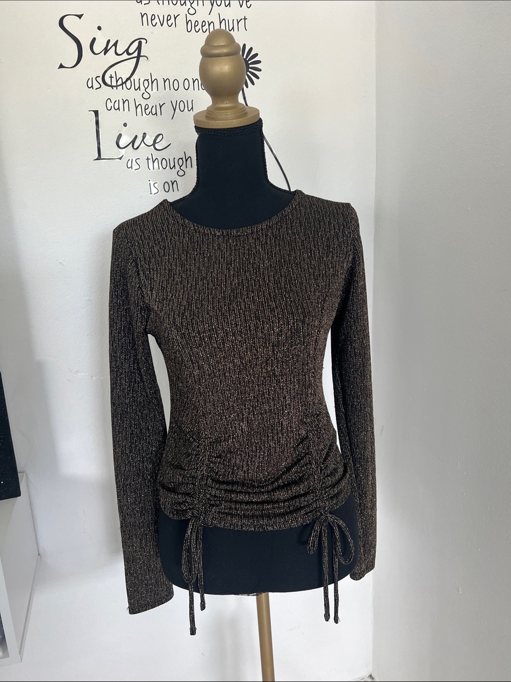 Lavender Moon Brown Ribbed Drawstring Long-Sleeve Top